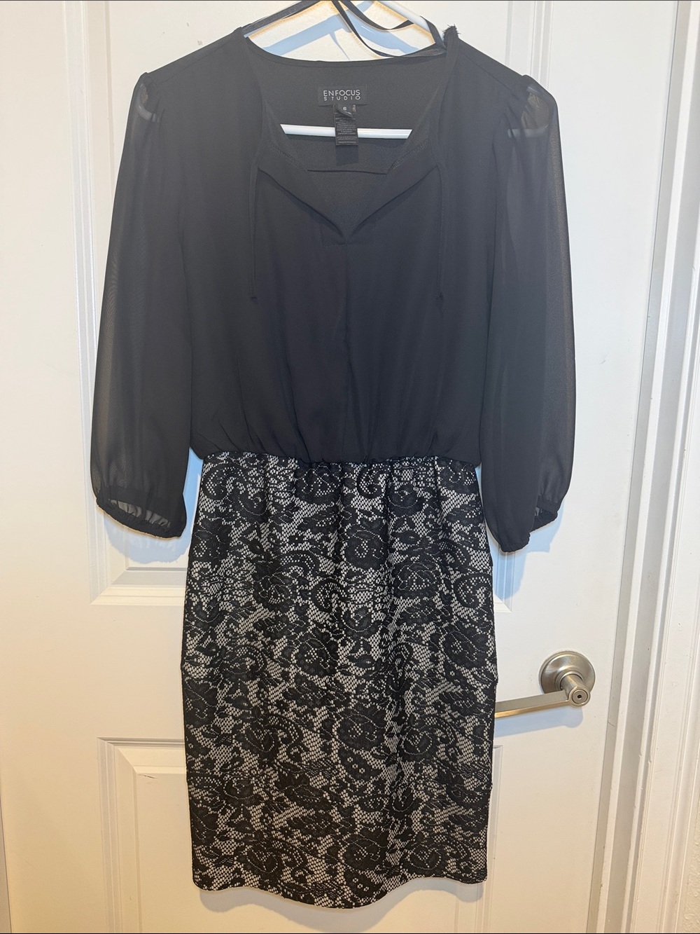 Enfocus Studio Black Chiffon Blouse with Black-and-Cream Lace Midi Skirt